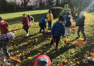 Dzieci podczas grabienia liści