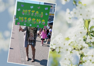 Pani Honorata trzyma zielony plakat z napisem Witaj Wiosno