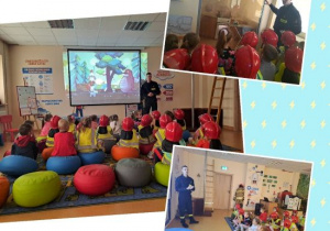 Dzieci oglądają film edukacyjny w Straży Pożarnej