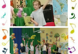 Dzieci machają kwiatami w rytm muzyki