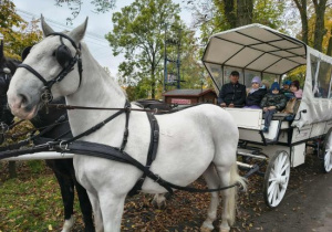 Dzieci siedzą w bryczce.