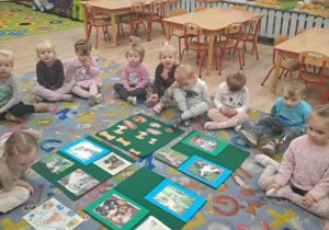 Dzieci oglądają ilustracje dotyczące psów i opieki nad nimi.