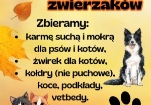 Plakat informujący o zbiórce darów dla zwierząt.