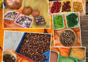 Kasztany, żołędzie, szyszki, orzechy, mech, sztuczne kwiaty, owoce, drewniane ozdoby, kolorowy ryż.