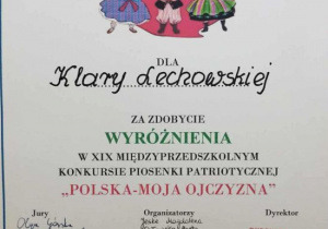 Dyplom Klary Lechowskiej za zdobycie wyróżnienia.