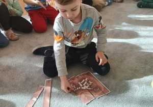 Chłopiec układa puzzle z dinozaurami.