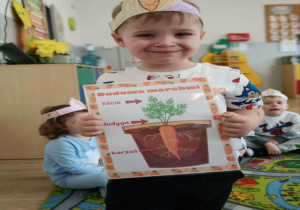 Dzieci siedzą na dywanie chłopiec prezentuje ilustrację przedstawiającą budowę marchewki.